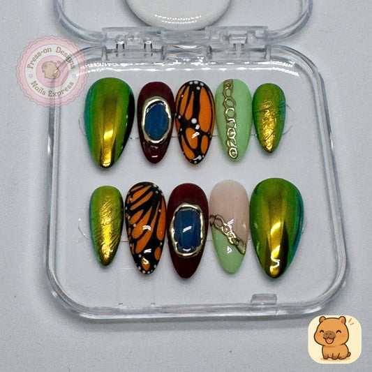 Butterfly Chrome Luxe Press-On Nails – Handmade Long Almond Nail Art with Gold Foil, Green Chrome & Jewel Accents Gift for Her