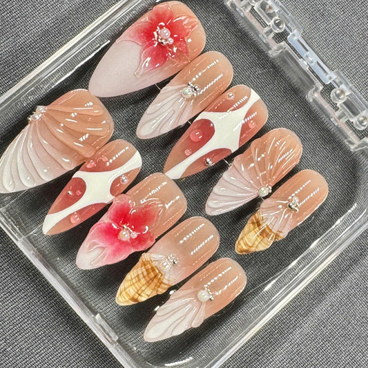 Blush Bloom Shore Press On Nails – Nude Pink with Shell Texture & 3D Flower Accents | Gift for Her