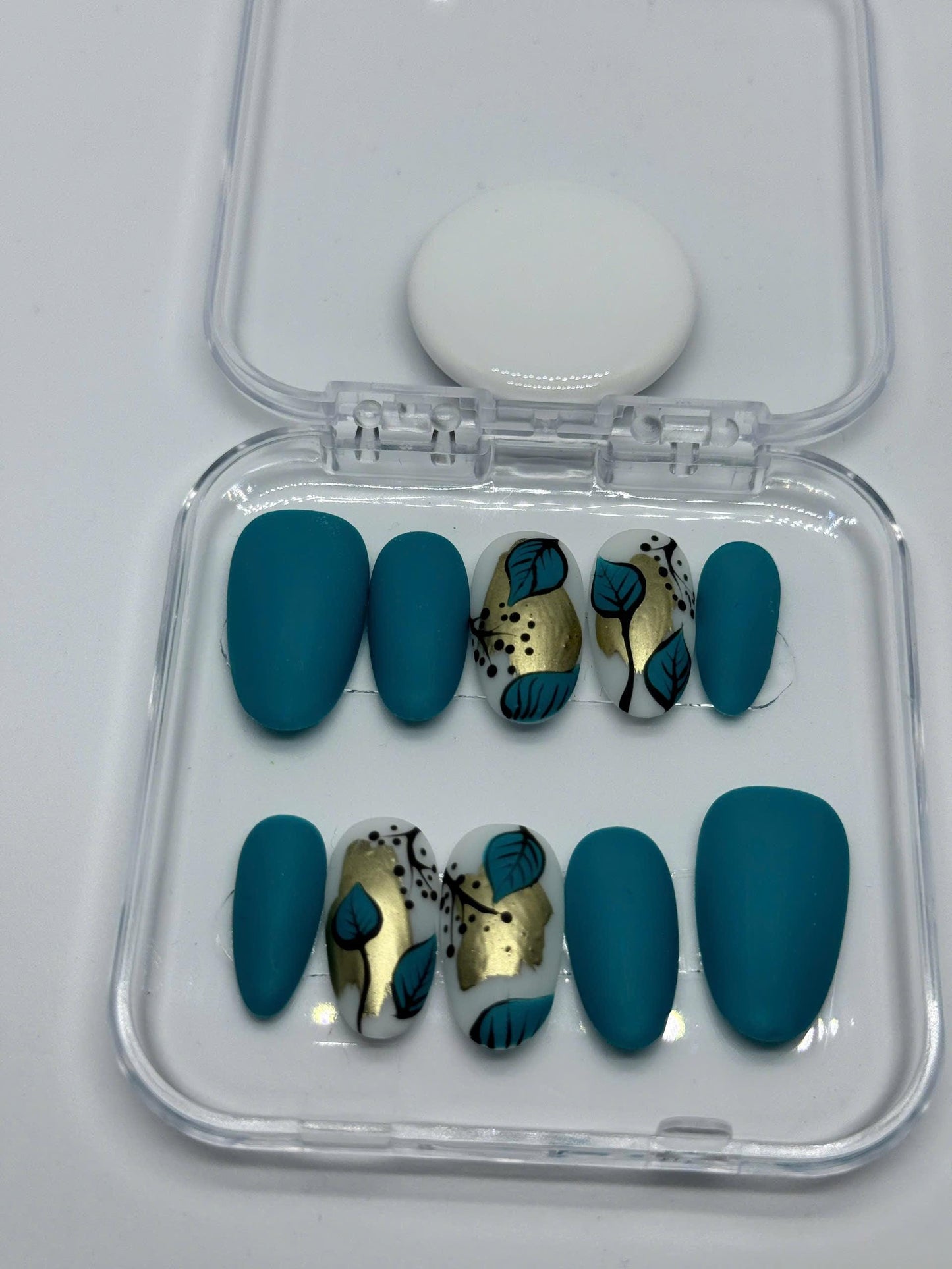 Teal Matte Press-On Nails – Hand-Painted Gold Leaf Accent Design | Modern Minimalist Handmade Nails for Fall, Events, or Gift for Her
