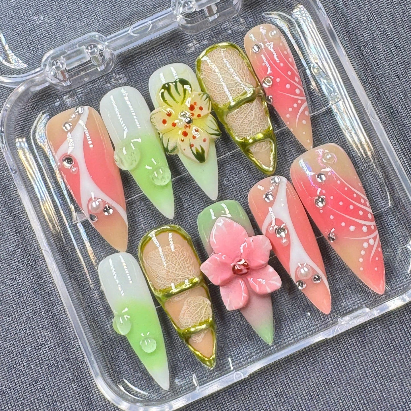 Tropical Paradise Press-On Nails – Colorful Floral Design with Gold Accents – Handmade Summer Nail Set