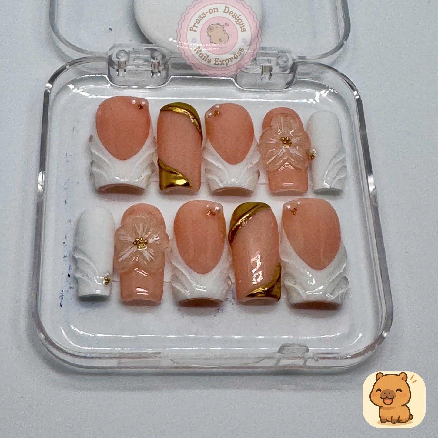 Peach Blossom Press-On Nails – Sculpted 3D Floral Nail Art with Gold Foil & White Marble – Handmade Luxury Short Square Set