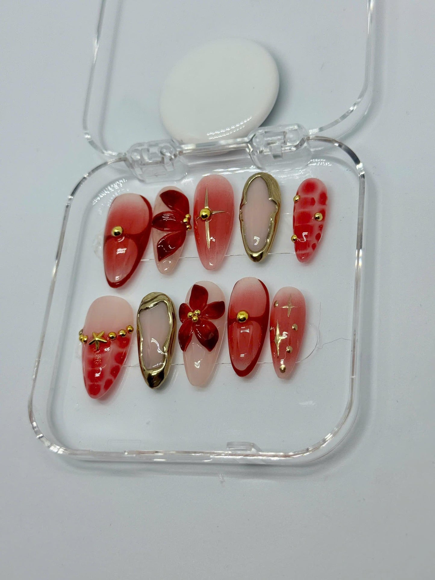 Cherry Bloom Press-On Nails with Pink Ombre, 3D Red Flowers, Gold Charms & Glossy Finish | Perfect for Date Night, Gifts | Summer Style