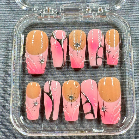 Pink Chrome Galaxy Press-On Nails – Nude Ombre with Black Starlight Swirl and 3D Shine Accents | Gift for Her