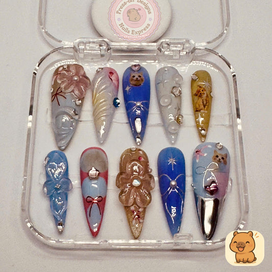 Kitty Dreams Press-On Nails – 3D Bow and Bear Nail Art with Stars & Flowers – Handmade Fairytale Gradient Nail Set