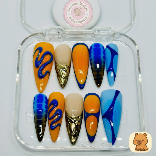 Sunset Wave Press-On Nails – Long Almond Blue & Orange Nail Art with Gold Chrome Accents Gift for Her