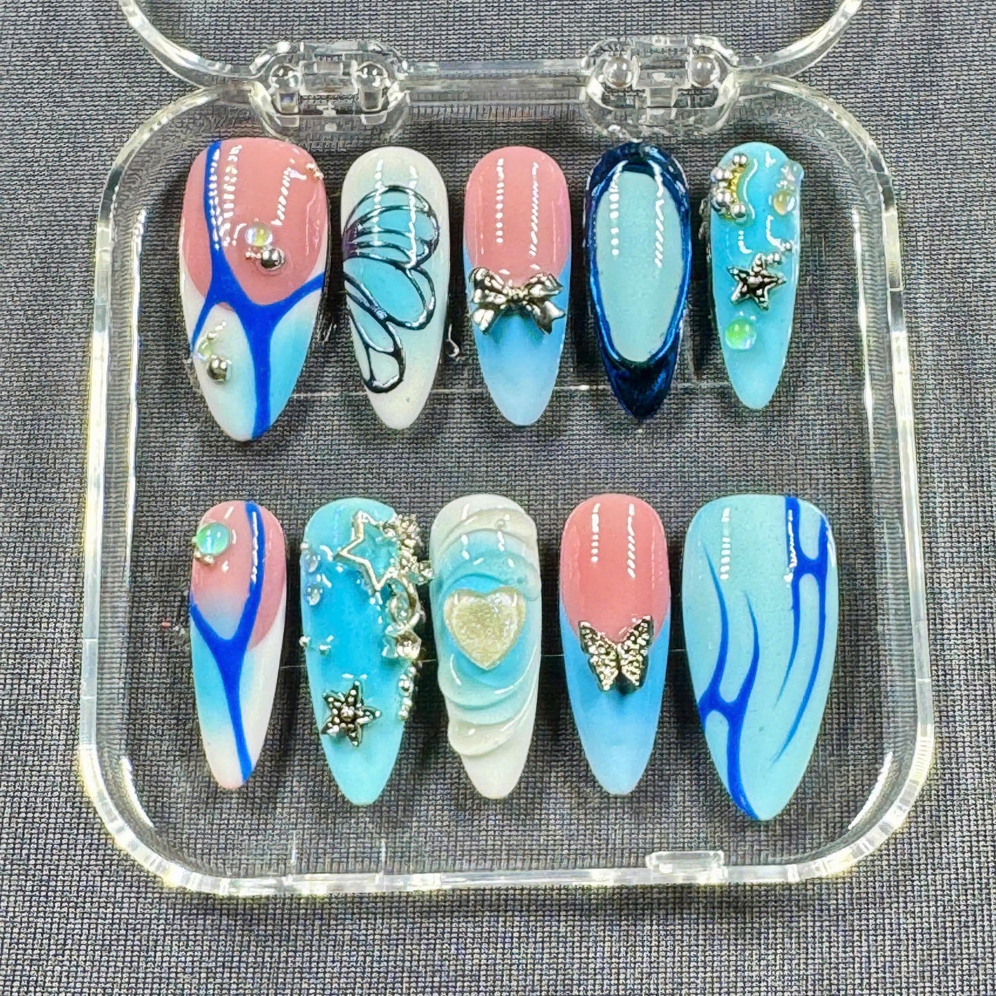 Ocean Dream Press On Nails – Blue Butterfly Nail Art with 3D Stars, Heart & Chrome Accents | Gift for Her