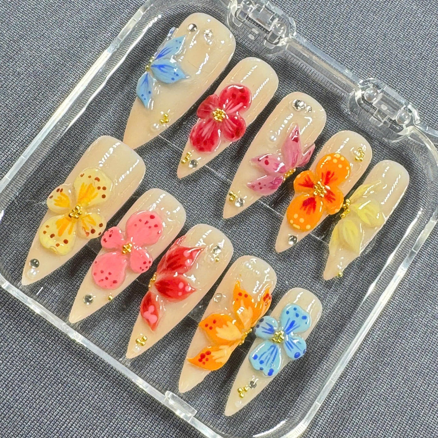 Rainbow Garden Press-On Nails – 3D Multicolor Flowers Nude Gloss Base | Handmade Nails for Spring, Events, or Gift for Her
