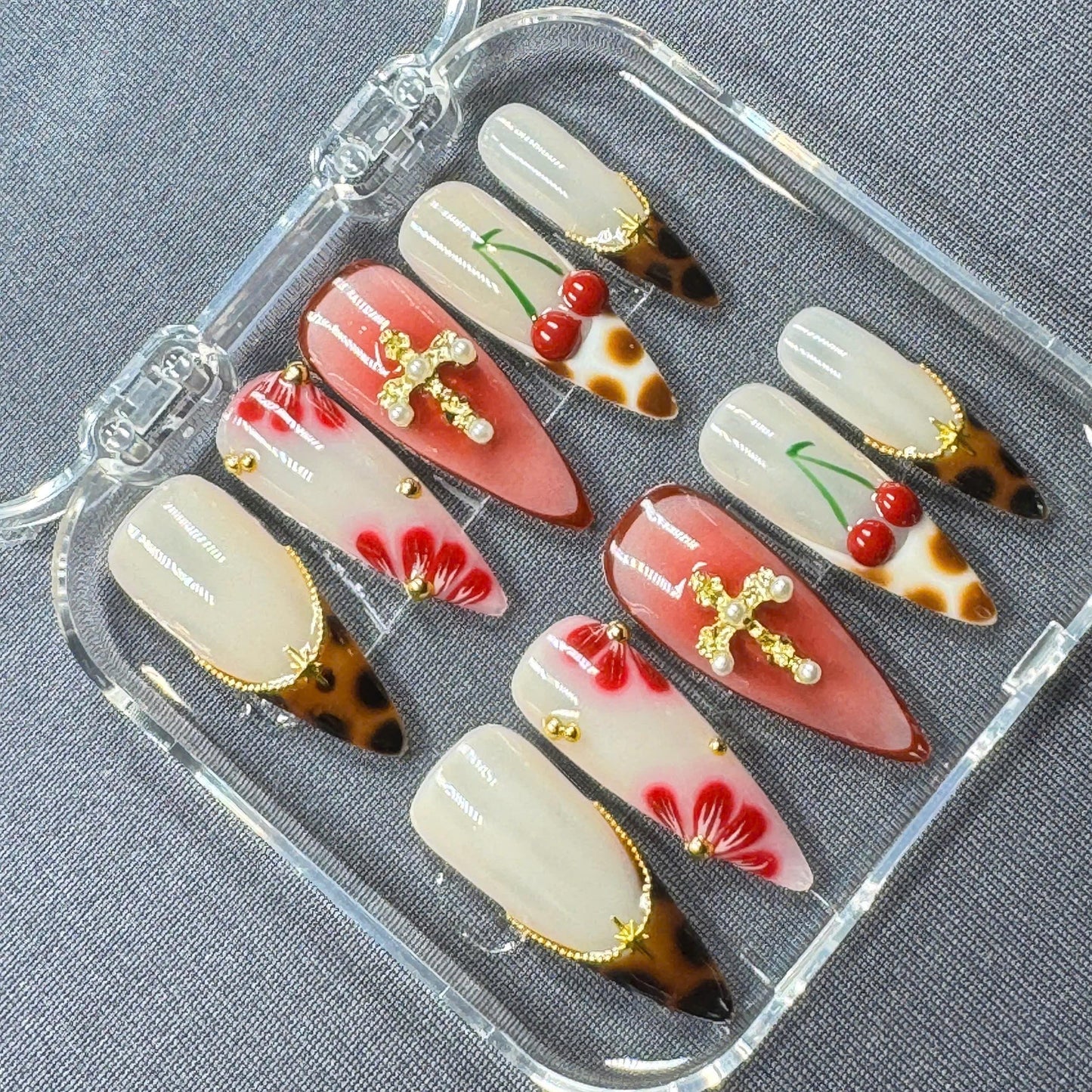 Pastel Floral Press-On Nails – Hand-Painted Summer Garden Design – Reusable Gel Nail Set