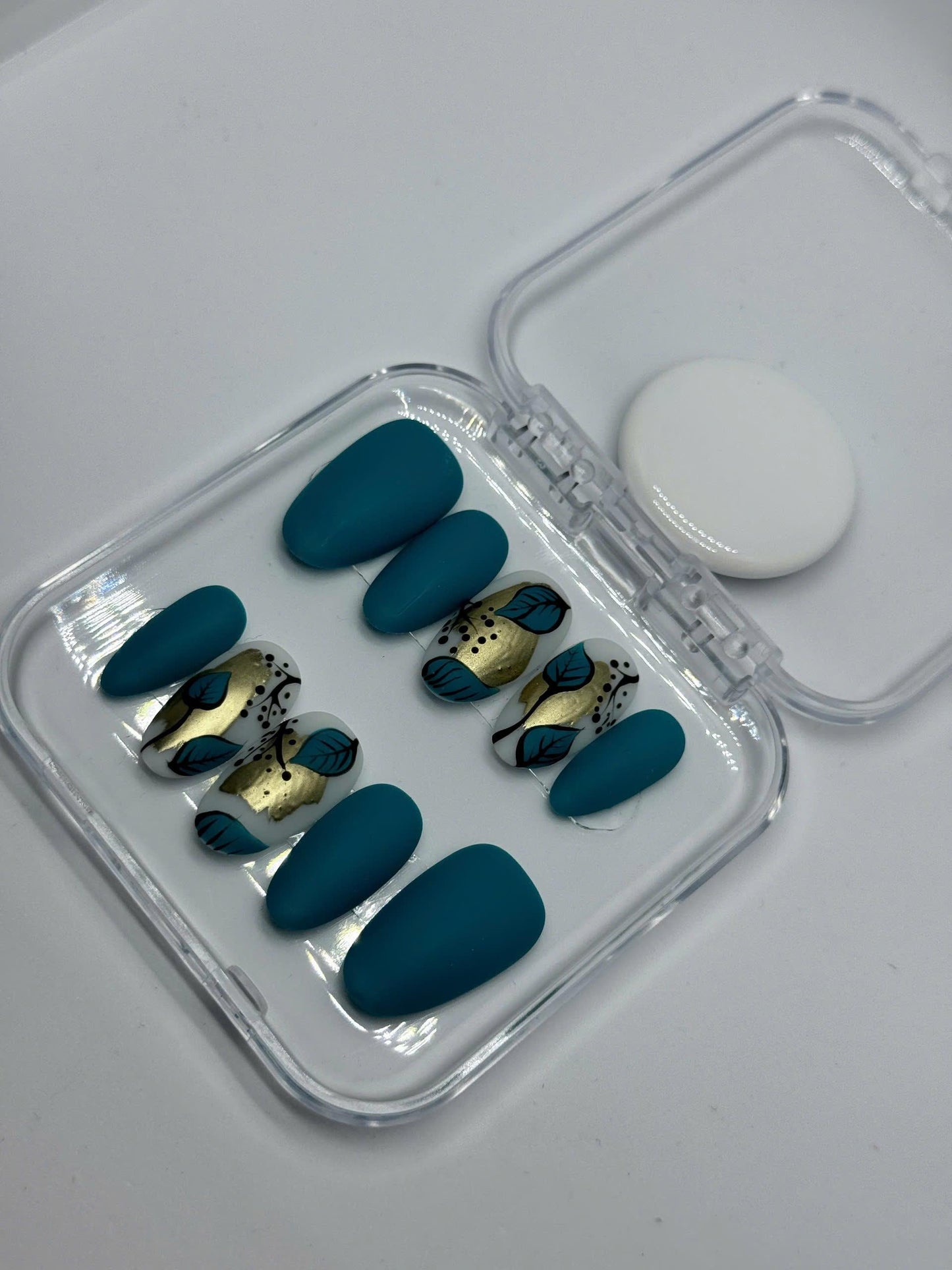Teal Matte Press-On Nails – Hand-Painted Gold Leaf Accent Design | Modern Minimalist Handmade Nails for Fall, Events, or Gift for Her