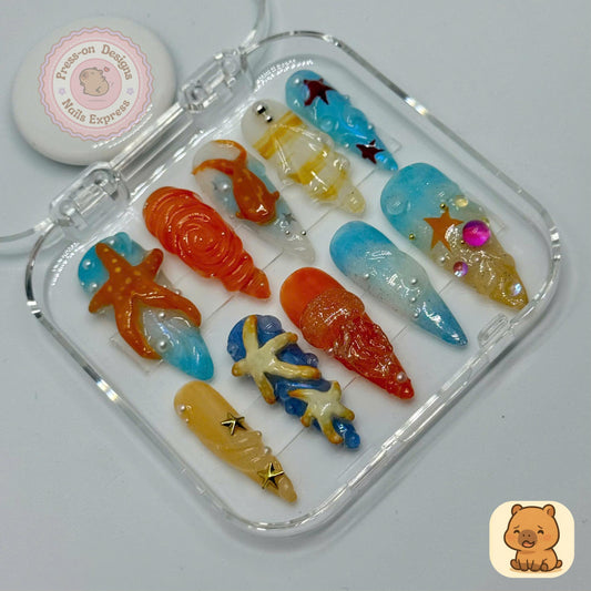 Under the Sea Press-On Nails – 3D Ocean Theme Nail Art with Shells, Starfish & Coral