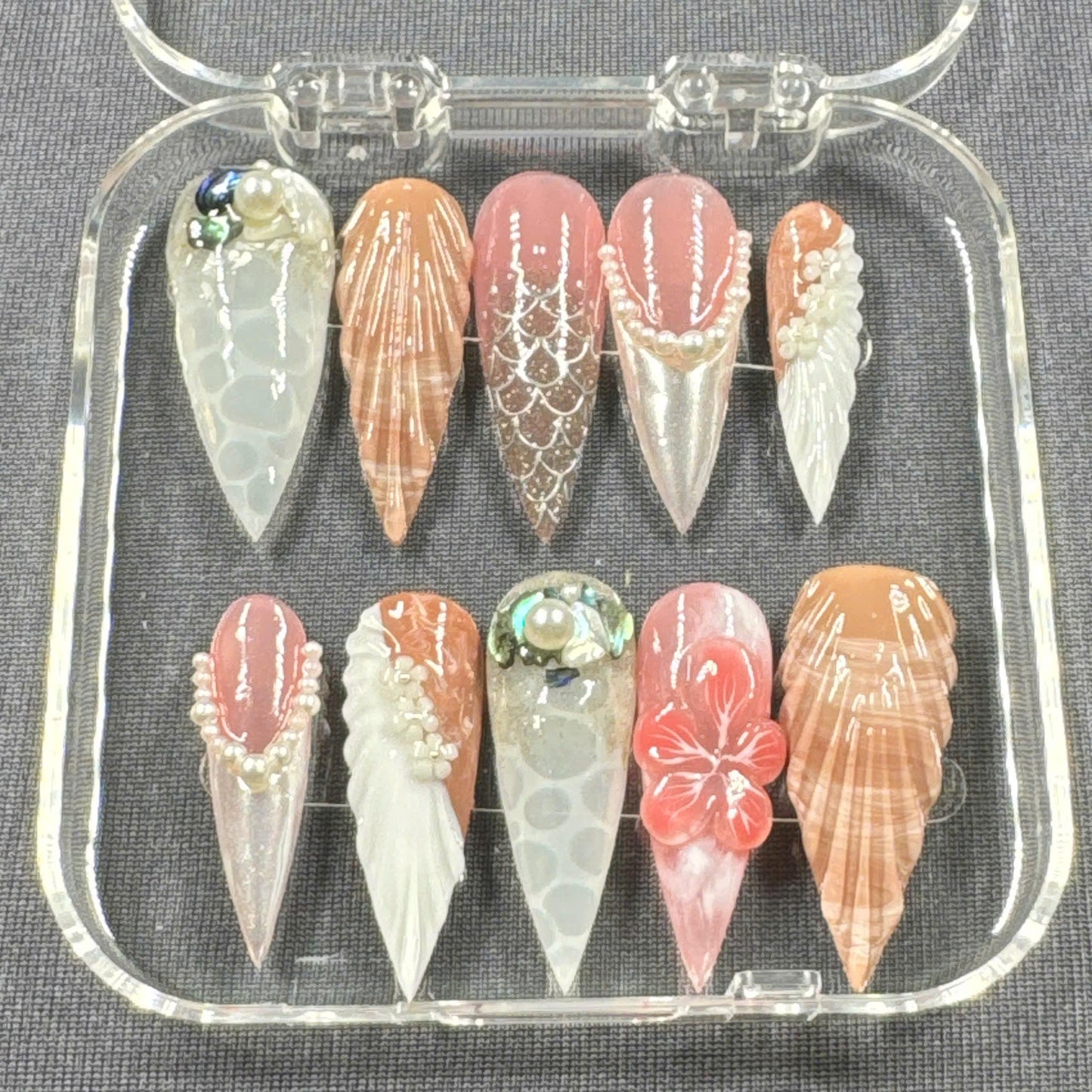 Ocean Pearl Fantasy Press On Nails – Seashell Sculpt, Mermaid Scales & 3D Floral Accents | Gift for Her