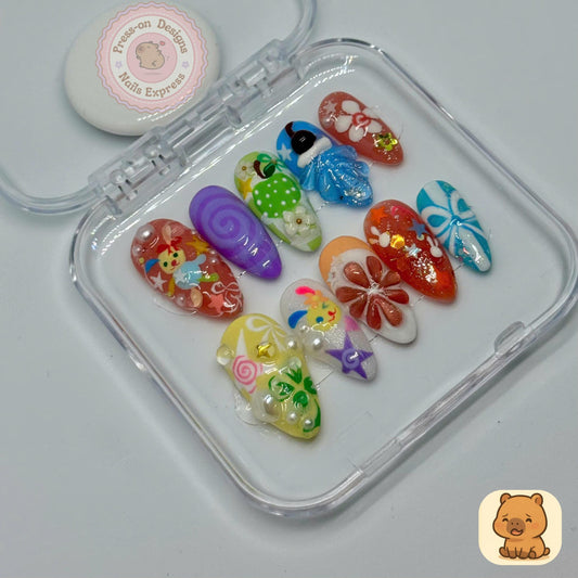 Whimsical Garden Party Press-On Nails – Colorful 3D Handmade Nail Art Set Gift for Her Halloween