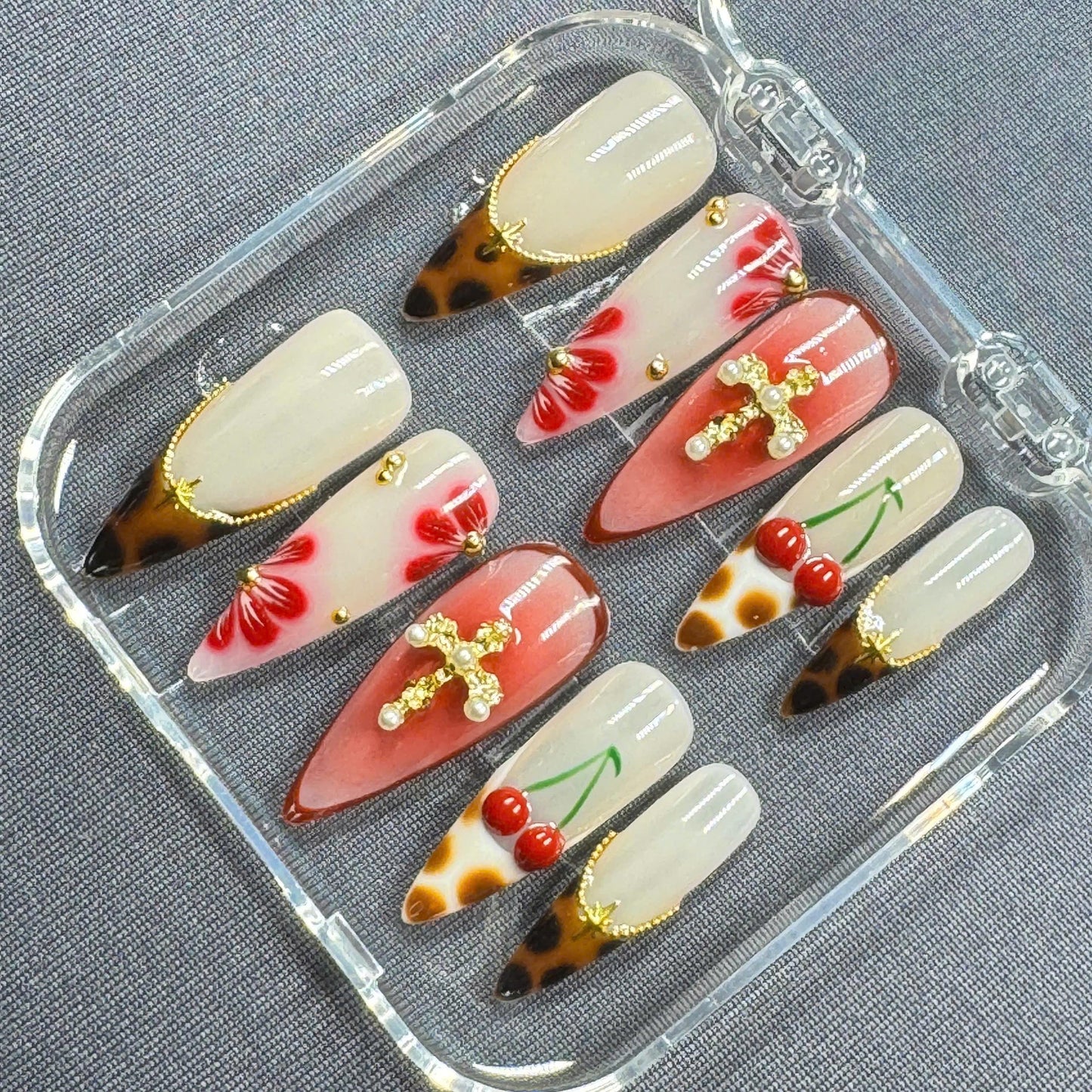 Pastel Floral Press-On Nails – Hand-Painted Summer Garden Design – Reusable Gel Nail Set