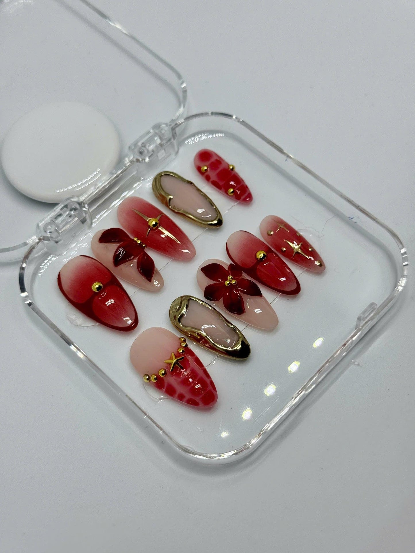 Cherry Bloom Press-On Nails with Pink Ombre, 3D Red Flowers, Gold Charms & Glossy Finish | Perfect for Date Night, Gifts | Summer Style