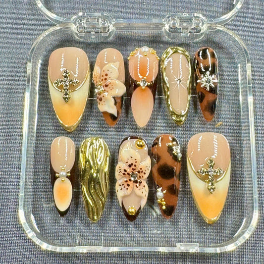 Golden Safari Press On Nails – 3D Floral and Leopard Accents on Almond Nails | Gift for Her