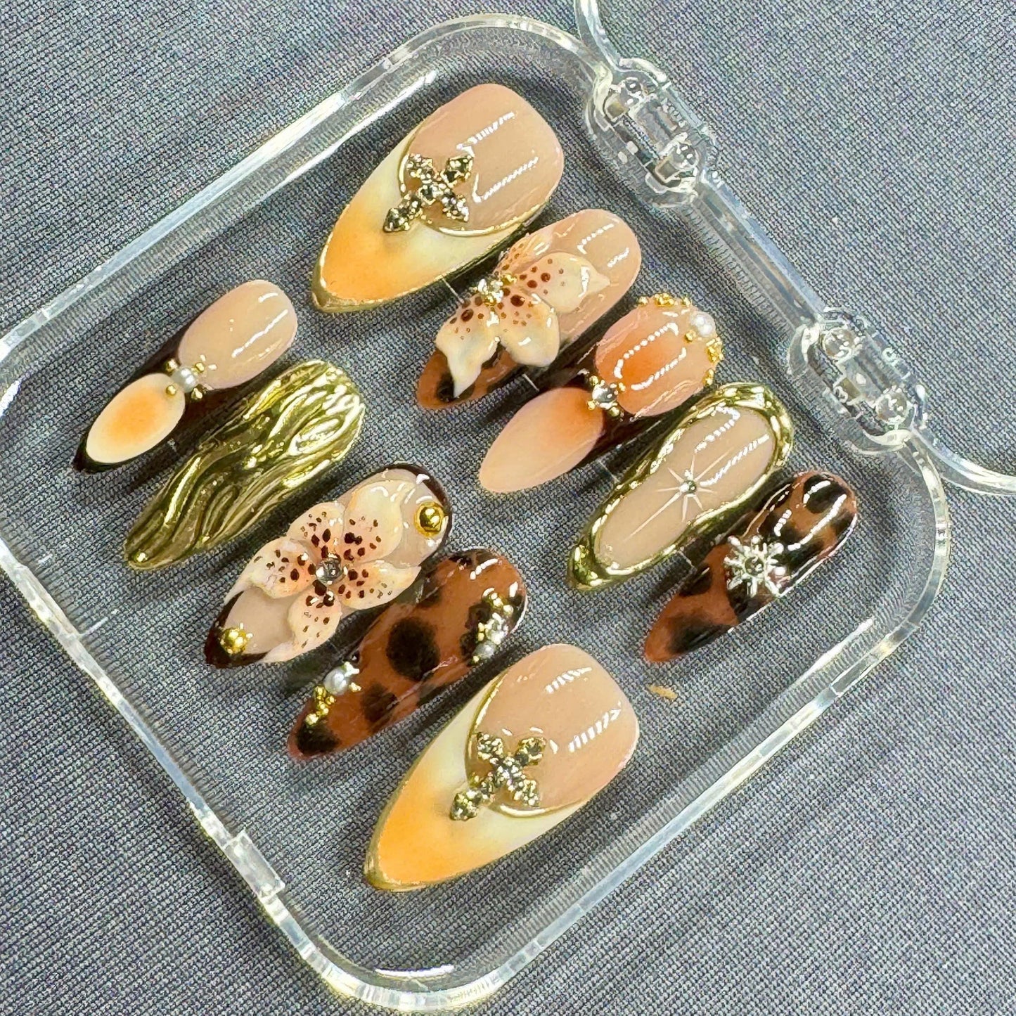 Golden Safari Press On Nails – 3D Floral and Leopard Accents on Almond Nails | Gift for Her