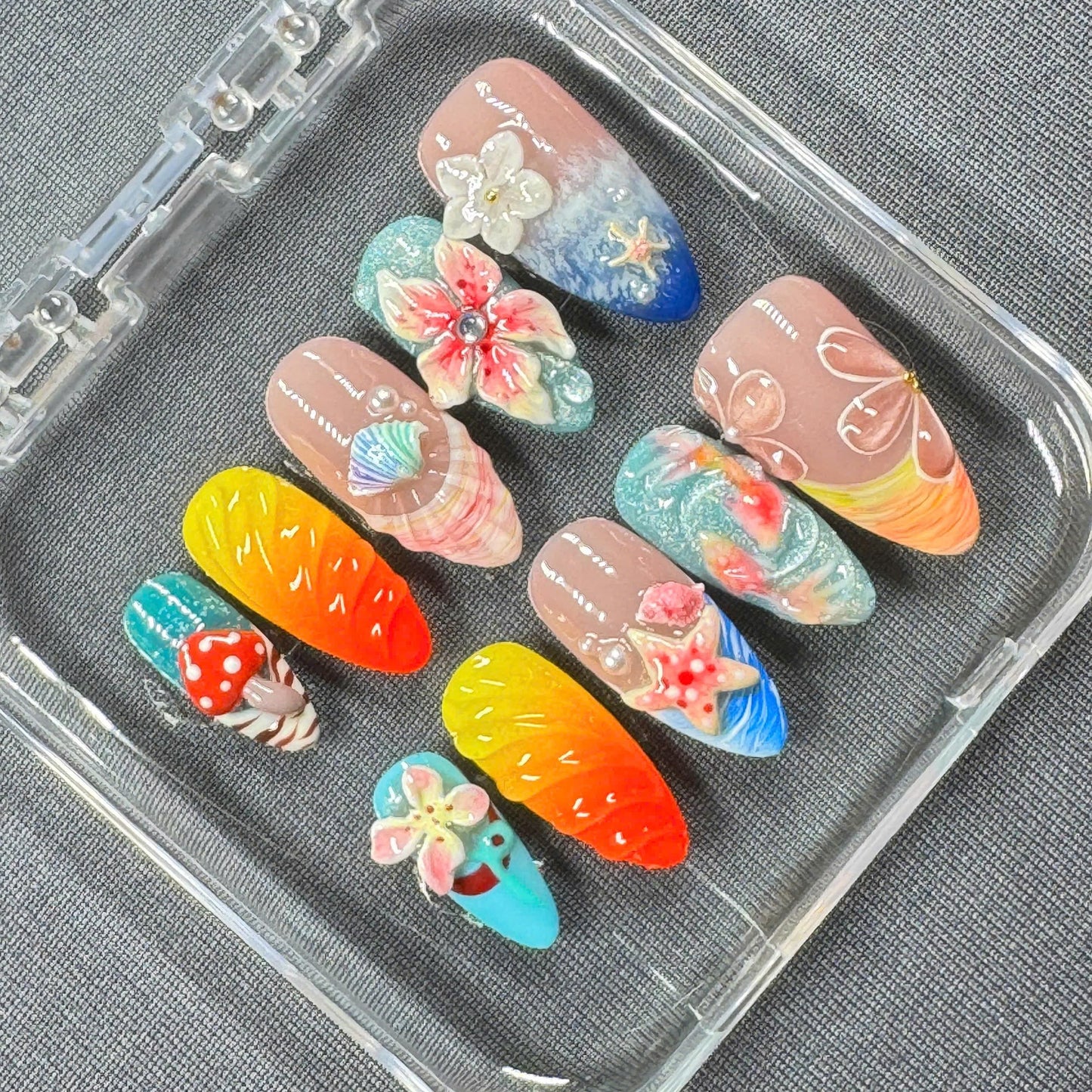 Tropical Sunset Press On Nails – 3D Florals, Starfish, and Beach-Inspired Charm in Sunset Gradient | Gift for Her
