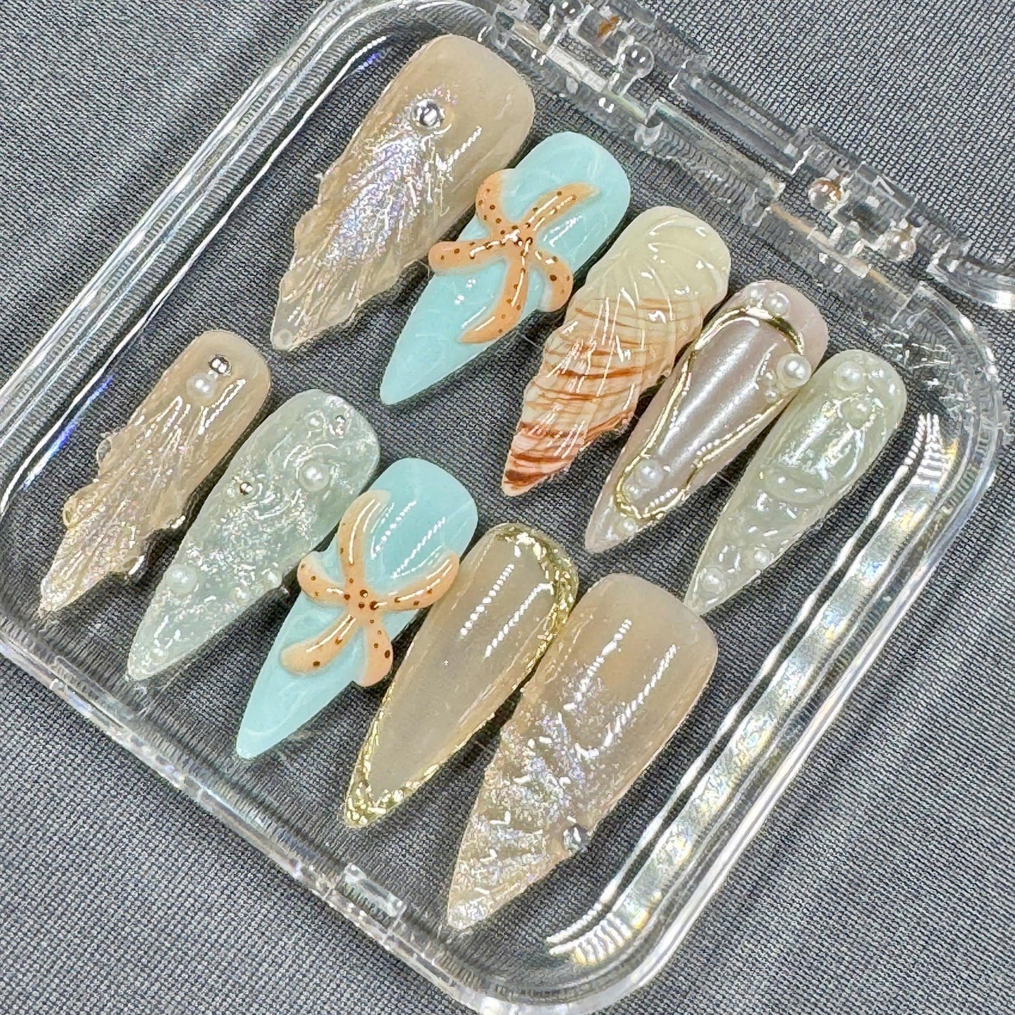 Seashell Dreams Press-On Nails – 3D Starfish, Pearls and Ocean Textures in Nude & Aqua | Handmade Nails for Beach Trips or Summer Vibes