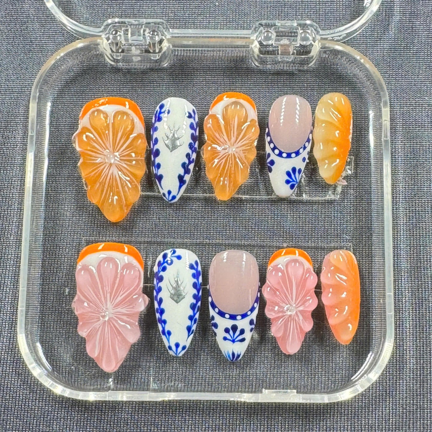 Boho Blossom Press-On Nails – 3D Flowers with Blue n White Porcelain Art + Orange Accents | Handmade Nails for Summer or Gift for Her