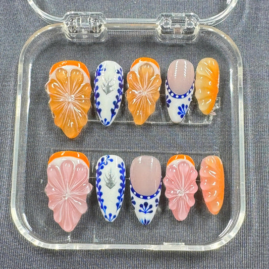 Boho Blossom Press-On Nails – 3D Flowers with Blue n White Porcelain Art + Orange Accents | Handmade Nails for Summer or Gift for Her