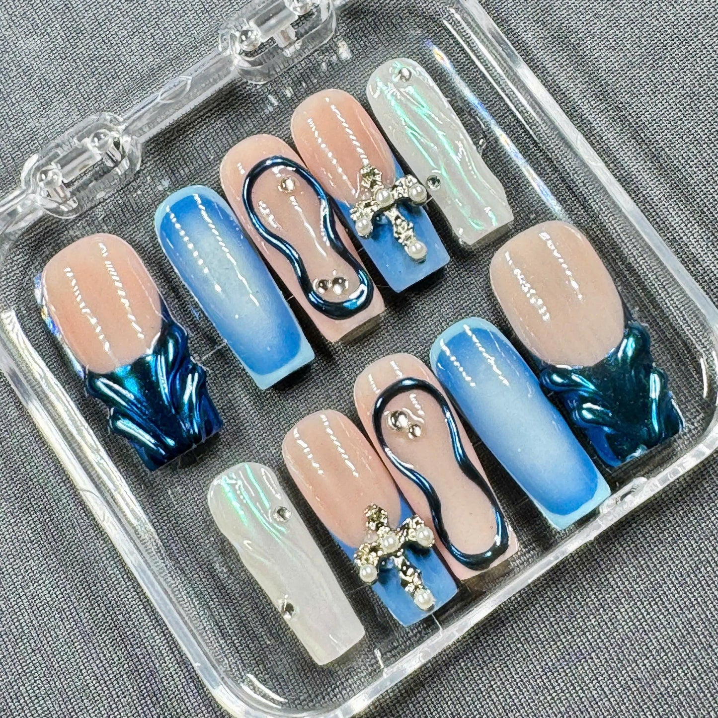 Celestial Glaze Press On Nails – Blue Chrome Waves, Crystal Cross & Pearl Shine | Gift for Her