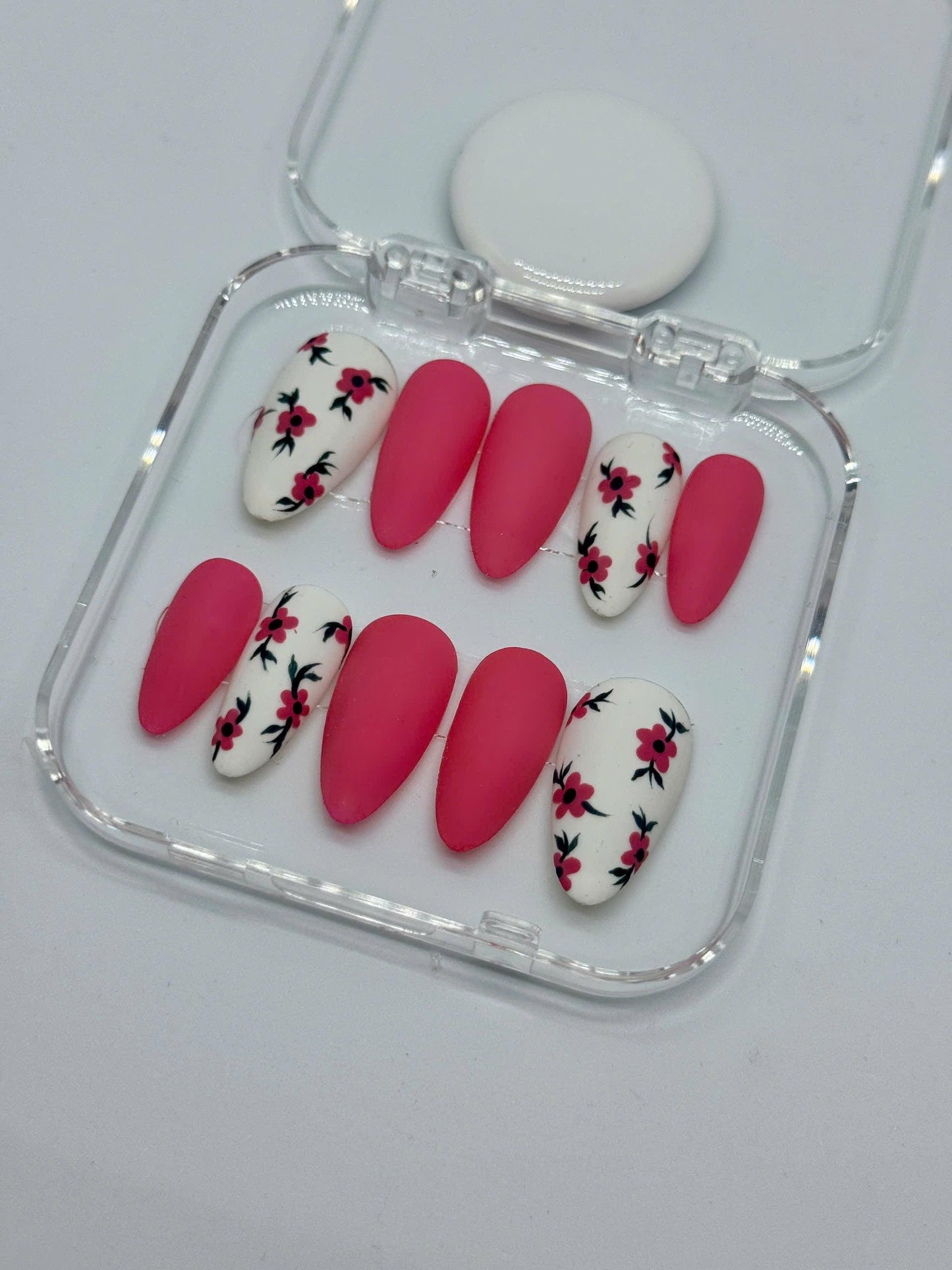 Rosy Blossom Matte Press-On Nails with Pink Solid & White Floral Accents – Perfect for Spring, Everyday Wear, or a Thoughtful Gift for Her