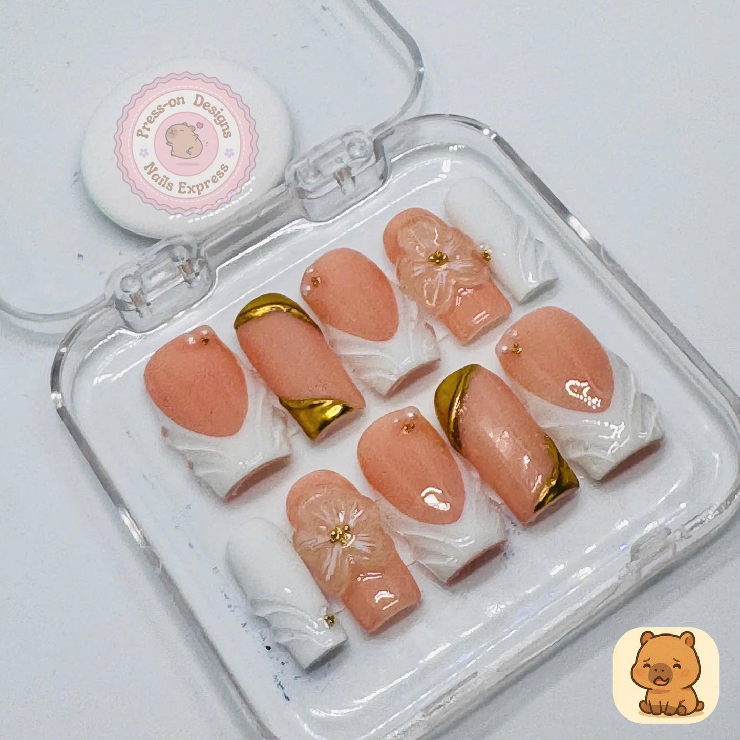 Peach Blossom Press-On Nails – Sculpted 3D Floral Nail Art with Gold Foil & White Marble – Handmade Luxury Short Square Set