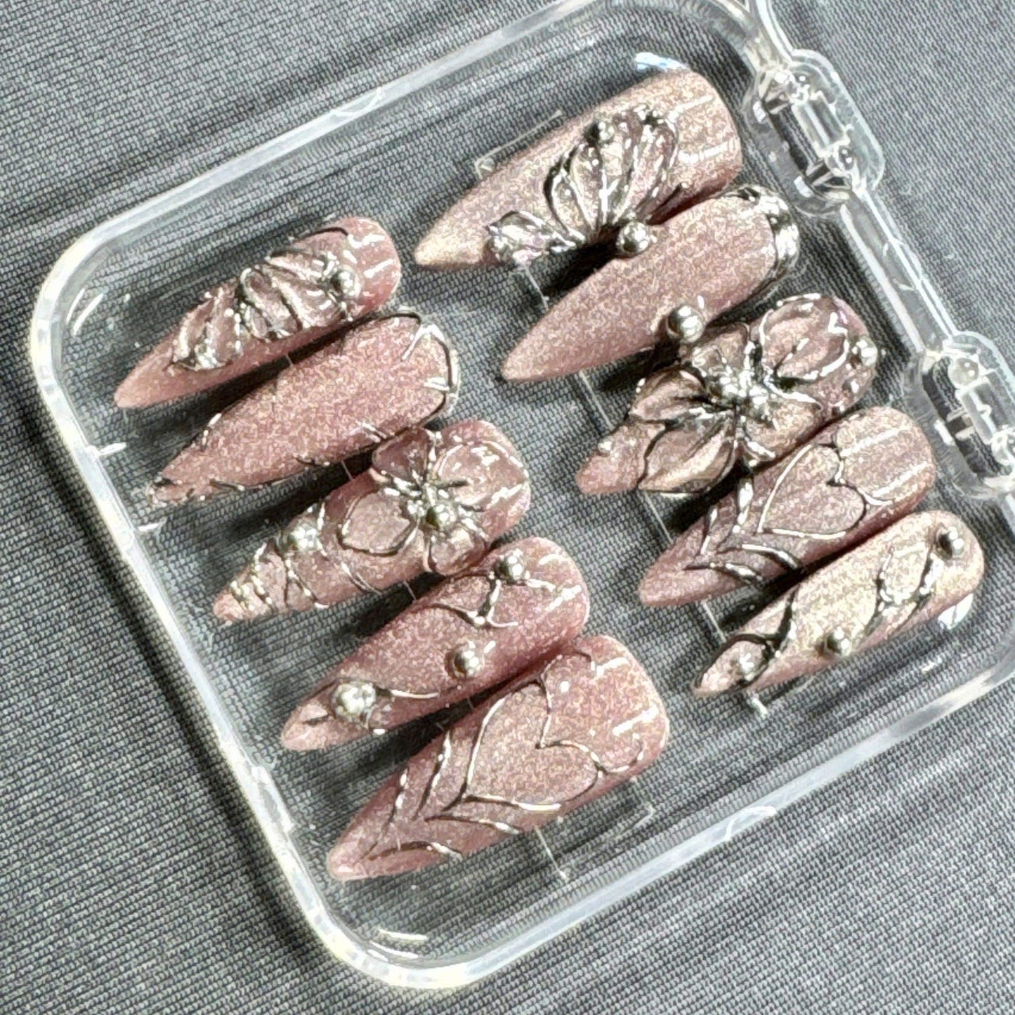 Rose Chrome Press-On Nails – Pink Glitter Base with Silver 3D Flowers Heart Outlines and Metallic Studs | Handmade Nails for Luxe Glam