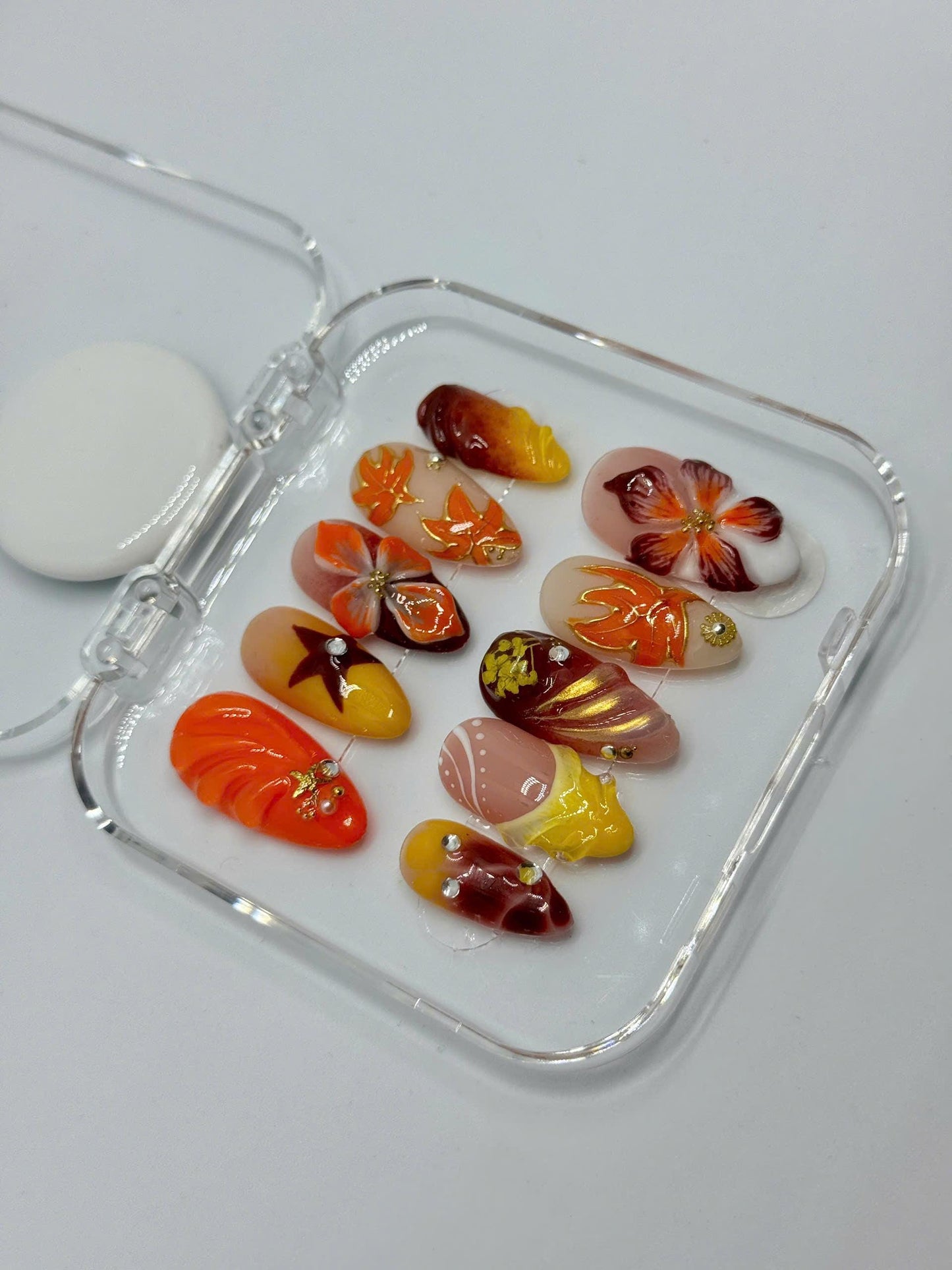 Autumn Blaze Press-On Nails – 3D Floral & Leaf Designs in Orange, Red Gold | Handmade Nails for Fall, Thanksgiving, or Gift for Her