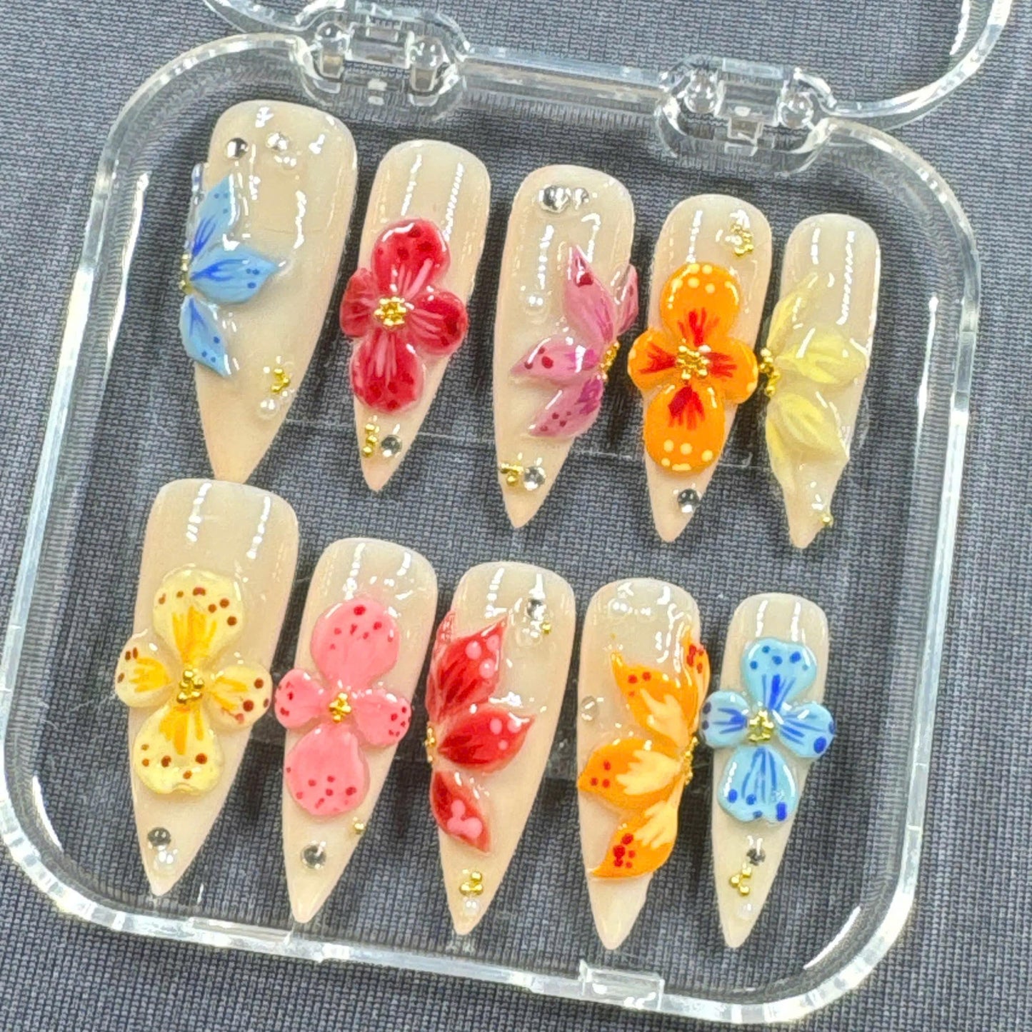 Rainbow Garden Press-On Nails – 3D Multicolor Flowers Nude Gloss Base | Handmade Nails for Spring, Events, or Gift for Her