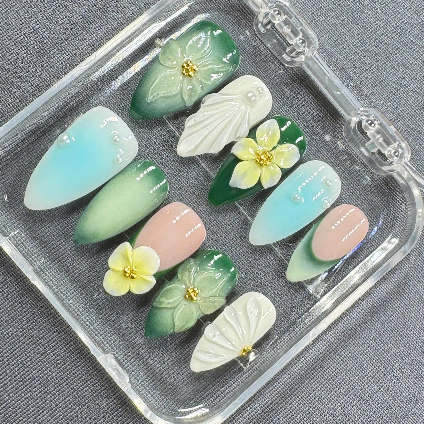 Spring Garden Bloom Press On Nails – Ombre Green with 3D Florals and Pearl Accents | Gift for Her