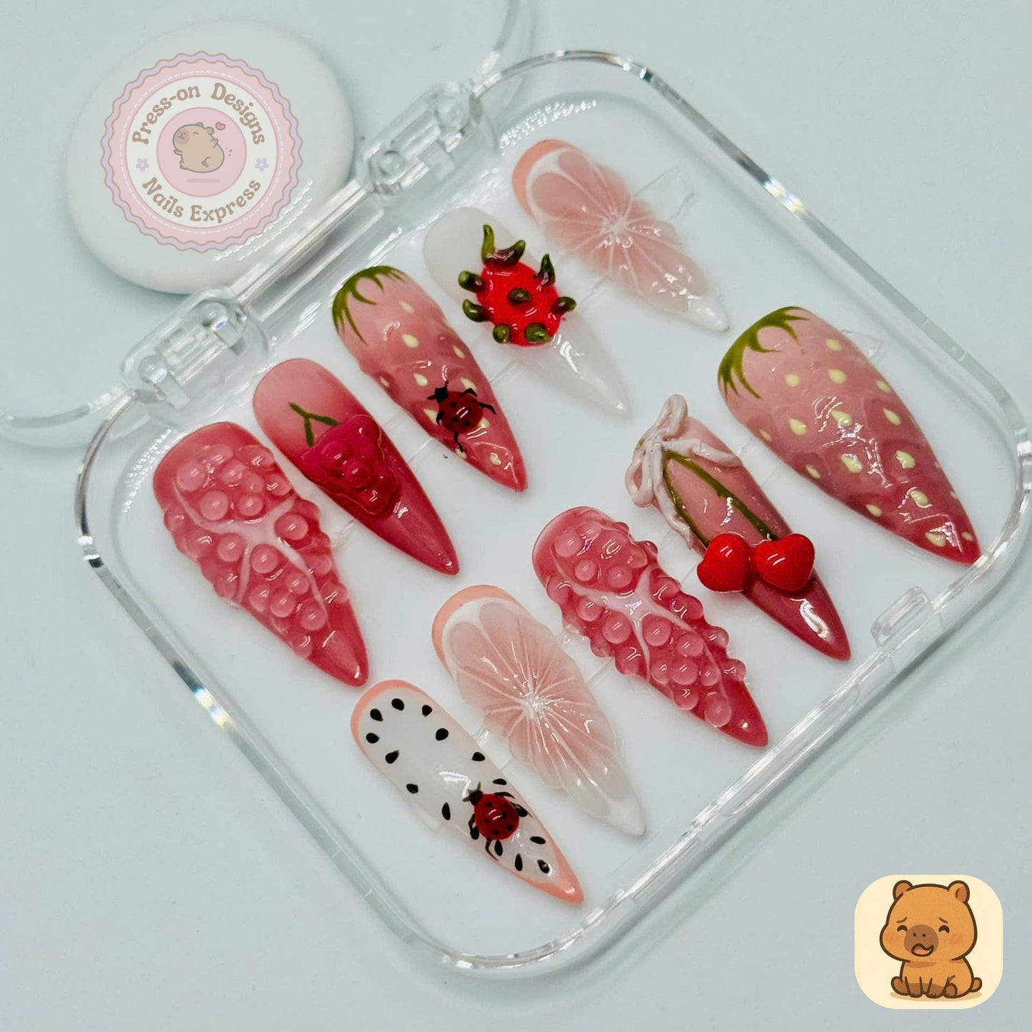 Berry Bliss Press-On Nails – 3D Fruit Nail Art with Strawberries, Cherries & Citrus – Handmade Summer Pink Nail Set