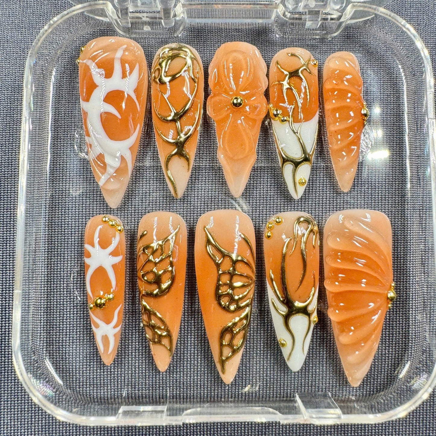 Golden Ember Press-On Nails – Orange Glossy Finish with 3D Bow, Gold Filigree & Sculpted Accents | Handmade Nails for Fall or Events