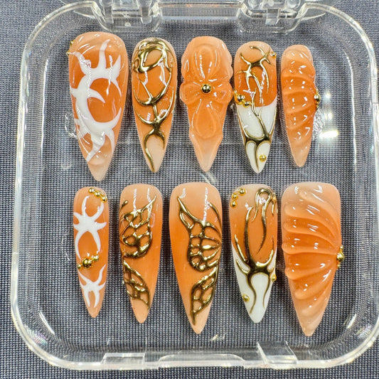 Golden Ember Press-On Nails – Orange Glossy Finish with 3D Bow, Gold Filigree & Sculpted Accents | Handmade Nails for Fall or Events