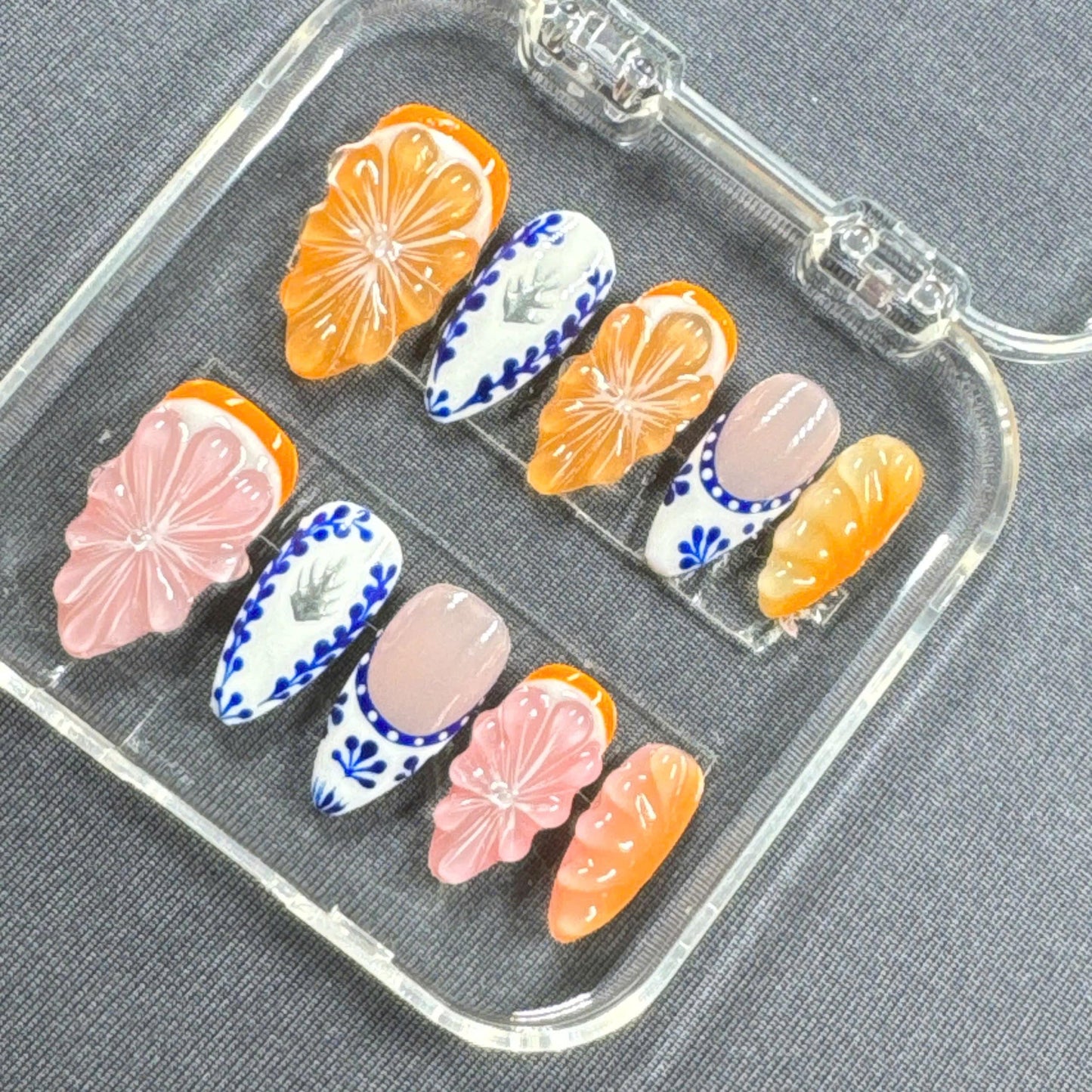 Boho Blossom Press-On Nails – 3D Flowers with Blue n White Porcelain Art + Orange Accents | Handmade Nails for Summer or Gift for Her