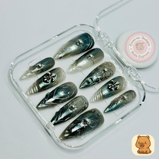 Midnight Armor Press-On Nails – Gunmetal Chrome Nail Set with 3D Bows, Stars & Fleur-de-Lis – Handmade Gothic Metallic Nails