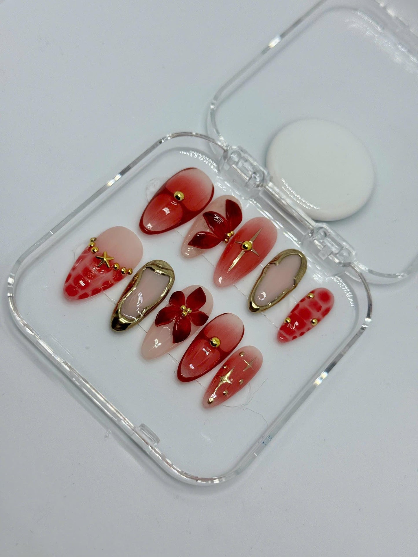 Cherry Bloom Press-On Nails with Pink Ombre, 3D Red Flowers, Gold Charms & Glossy Finish | Perfect for Date Night, Gifts | Summer Style