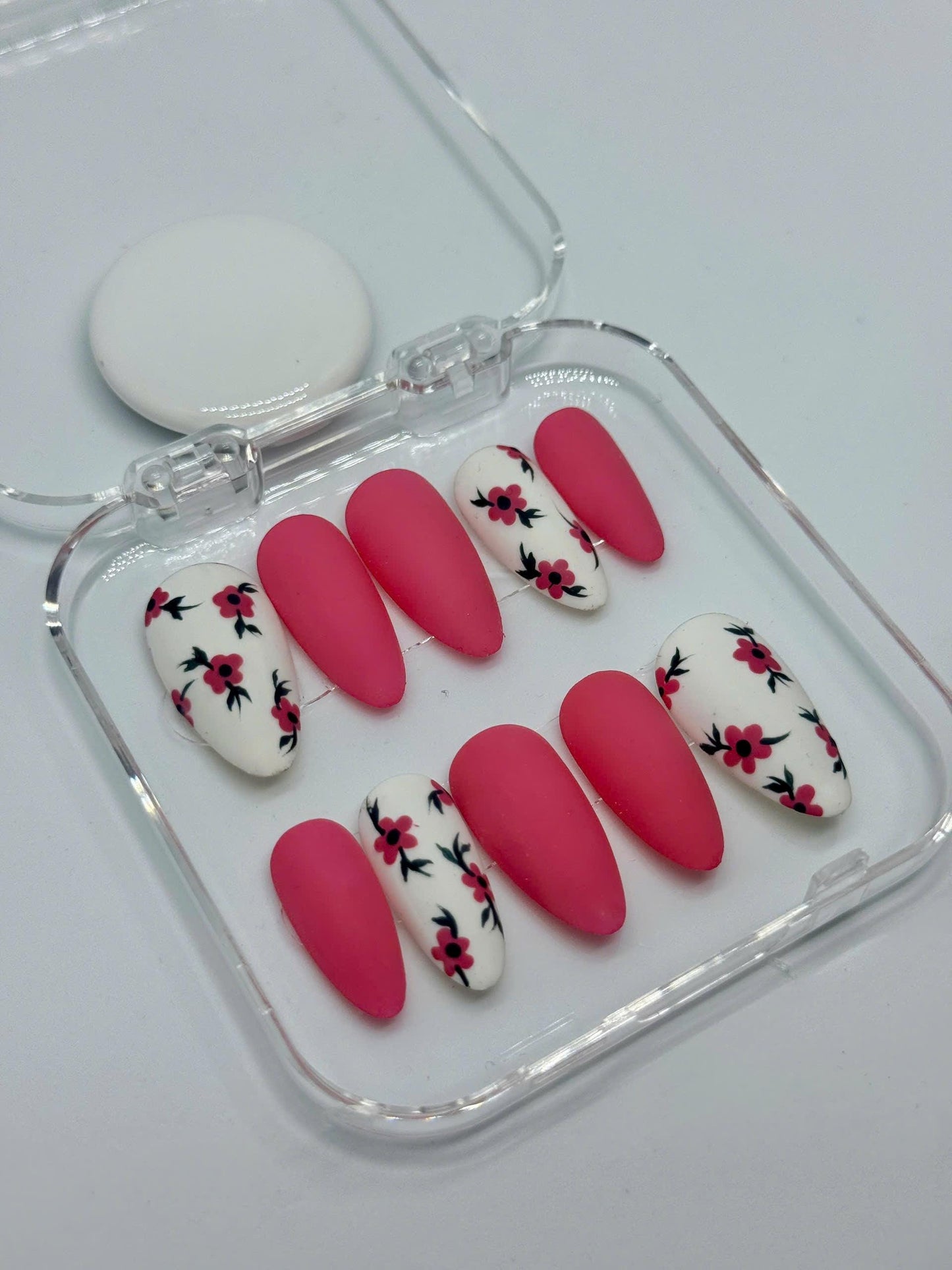 Rosy Blossom Matte Press-On Nails with Pink Solid & White Floral Accents – Perfect for Spring, Everyday Wear, or a Thoughtful Gift for Her