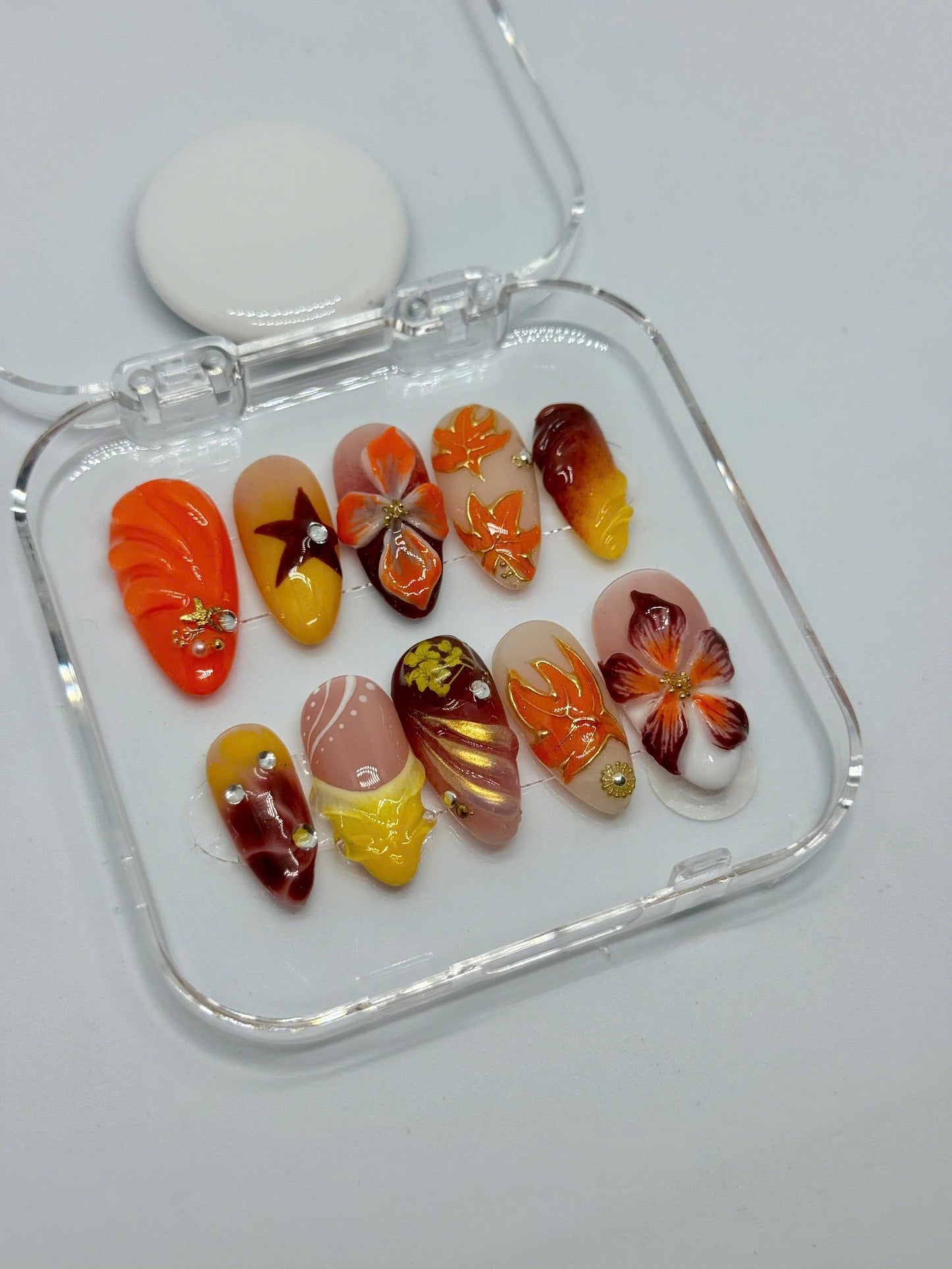 Autumn Blaze Press-On Nails – 3D Floral & Leaf Designs in Orange, Red Gold | Handmade Nails for Fall, Thanksgiving, or Gift for Her