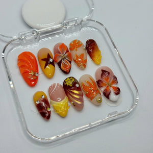 Autumn Blaze Press-On Nails – 3D Floral & Leaf Designs in Orange, Red Gold | Handmade Nails for Fall, Thanksgiving, or Gift for Her