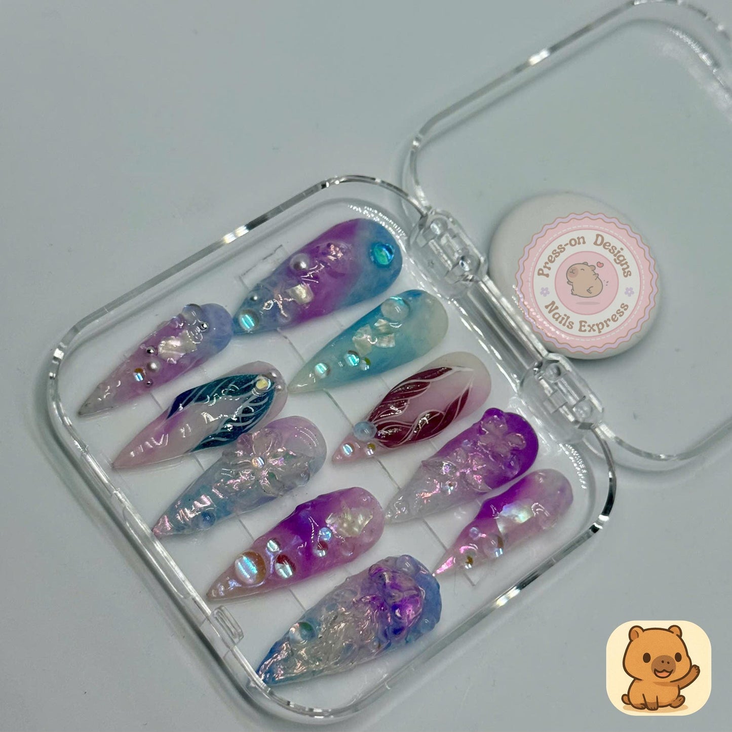 Iridescent Dream Press-On Nails – Pastel Chrome Fairycore Nail Art with 3D Flowers & Crystals – Handmade Long Teardrop Set