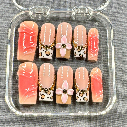 Wild Bloom Press On Nails – Leopard Print, 3D Flowers and Gold Chain Accents | Gift for Her