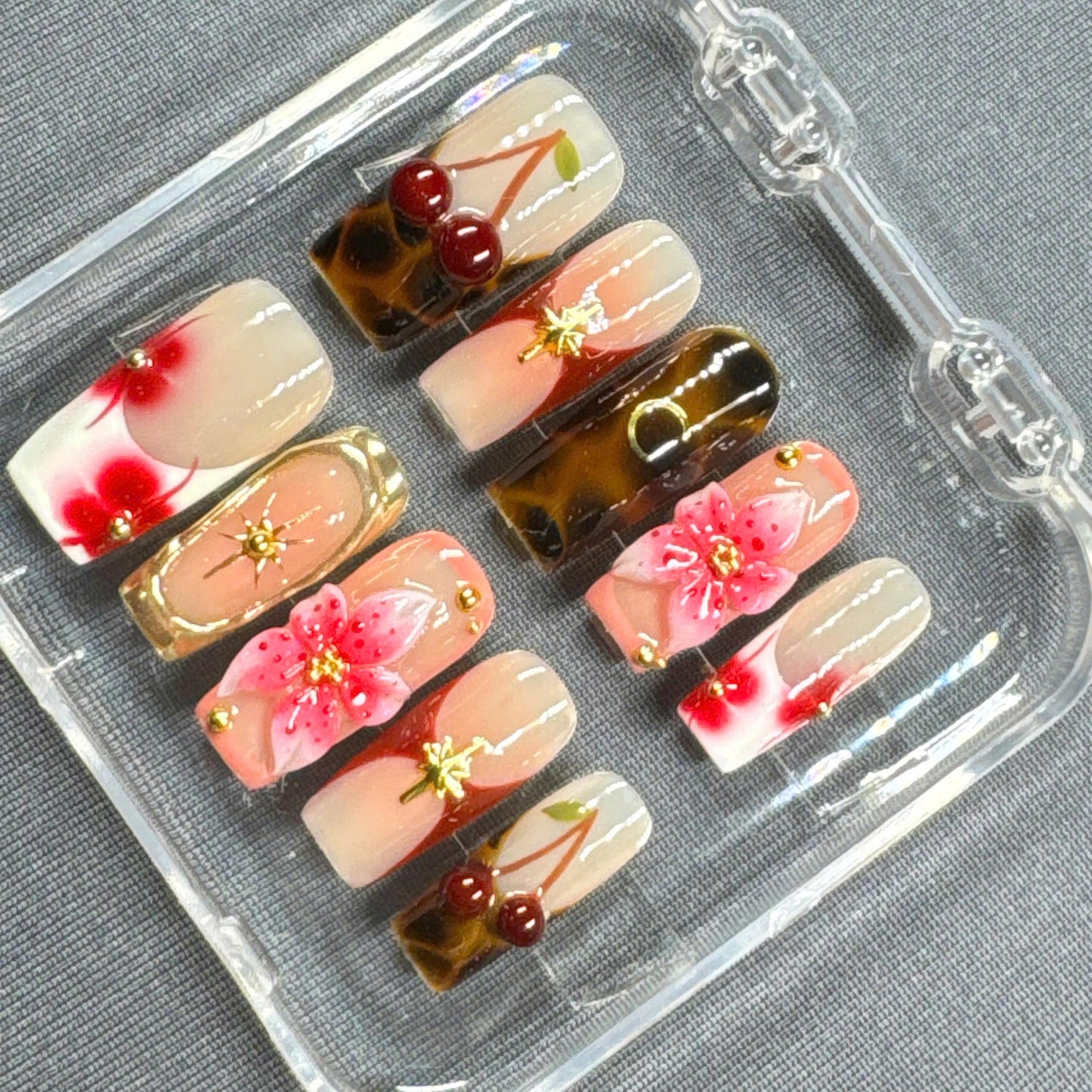 Cherry Blossom Delight Press On Nails – 3D Floral, Gold Stars and Cherry Fruit Accents | Gift for Her