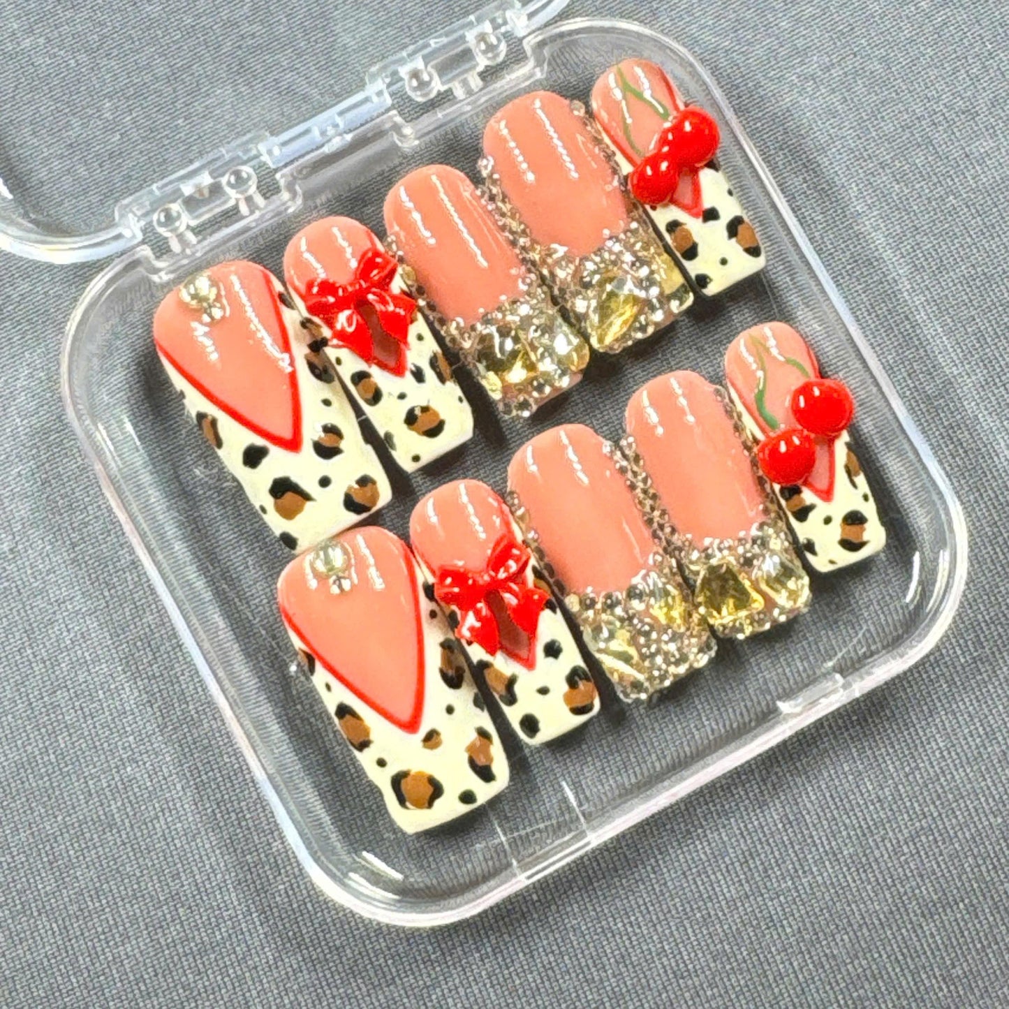Leopard Press-On Nails – 3D Bows with Animal Print Red Tips and Rhinestone Crystals | Handmade Nails for Wild Cute Glam