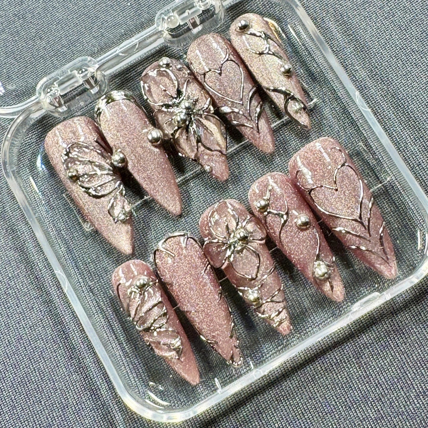 Rose Chrome Press-On Nails – Pink Glitter Base with Silver 3D Flowers Heart Outlines and Metallic Studs | Handmade Nails for Luxe Glam