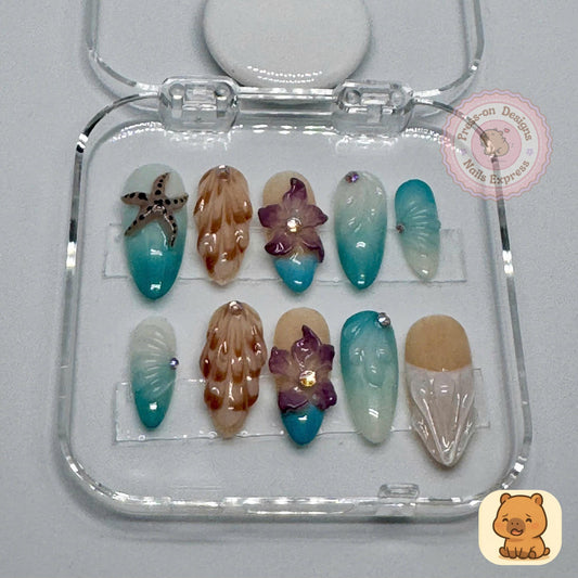 Tropical Shoreline Press-On Nails – 3D Beach Nail Art with Starfish, Shells & Flowers – Handmade Ocean-Inspired Summer Set