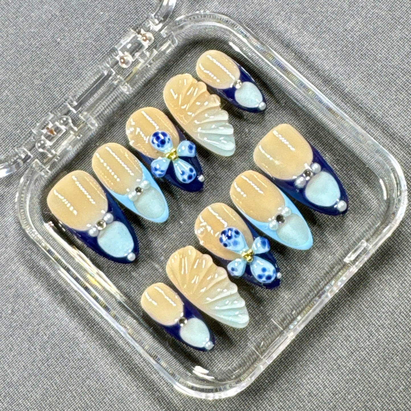 Sky Petal Press On Nails – Nude Blue French Design with 3D Butterfly and Shell Accents | Gift for Her
