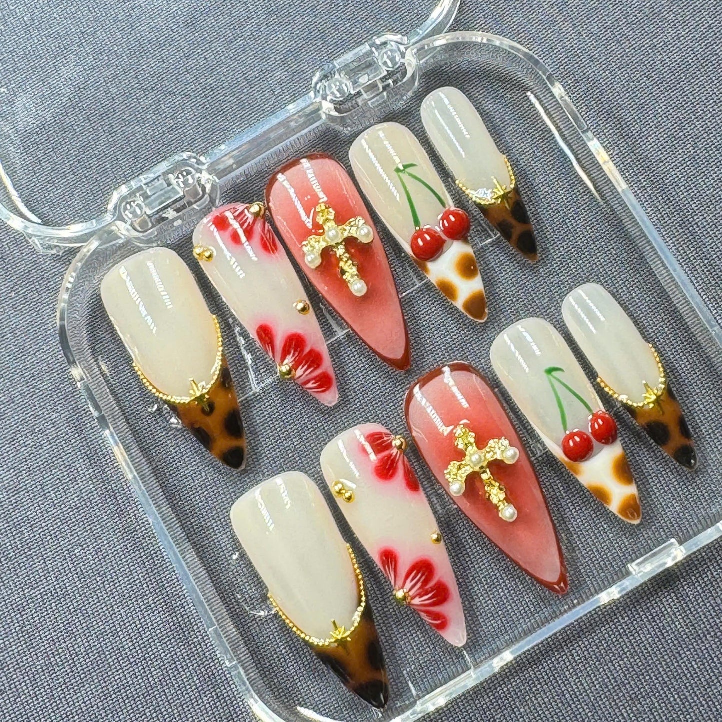 Pastel Floral Press-On Nails – Hand-Painted Summer Garden Design – Reusable Gel Nail Set