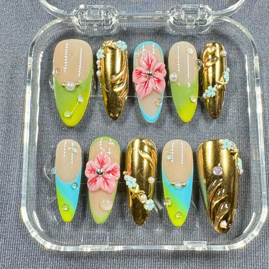 Golden Garden Press On Nails – Chrome Gold with Pastel Florals and Neon Tips | Gift for Her