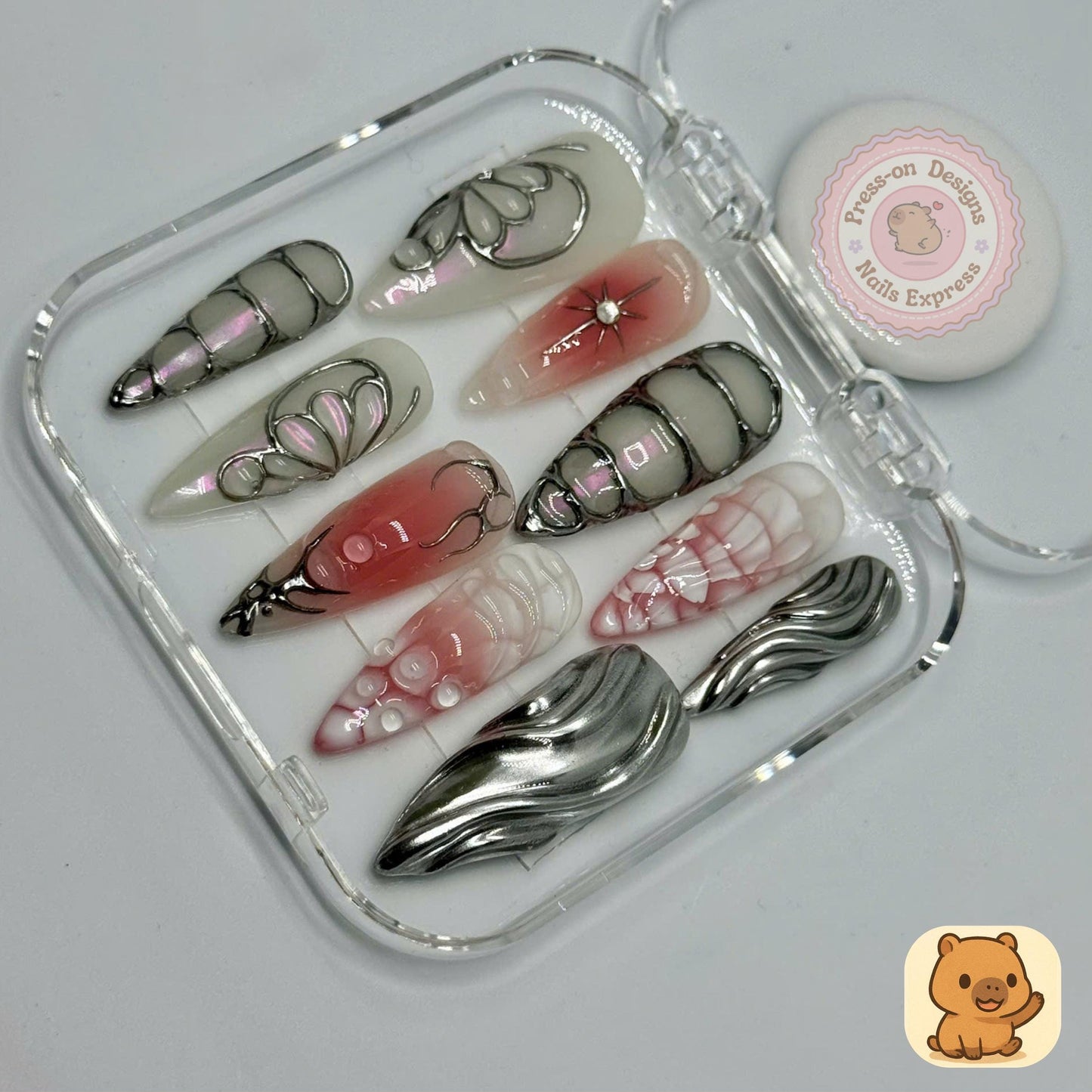 Futurist Bloom Press-On Nails – Silver Chrome and Contour Line Nail Art with 3D Bubbles & Sculpted Texture – Handmade Abstract Set